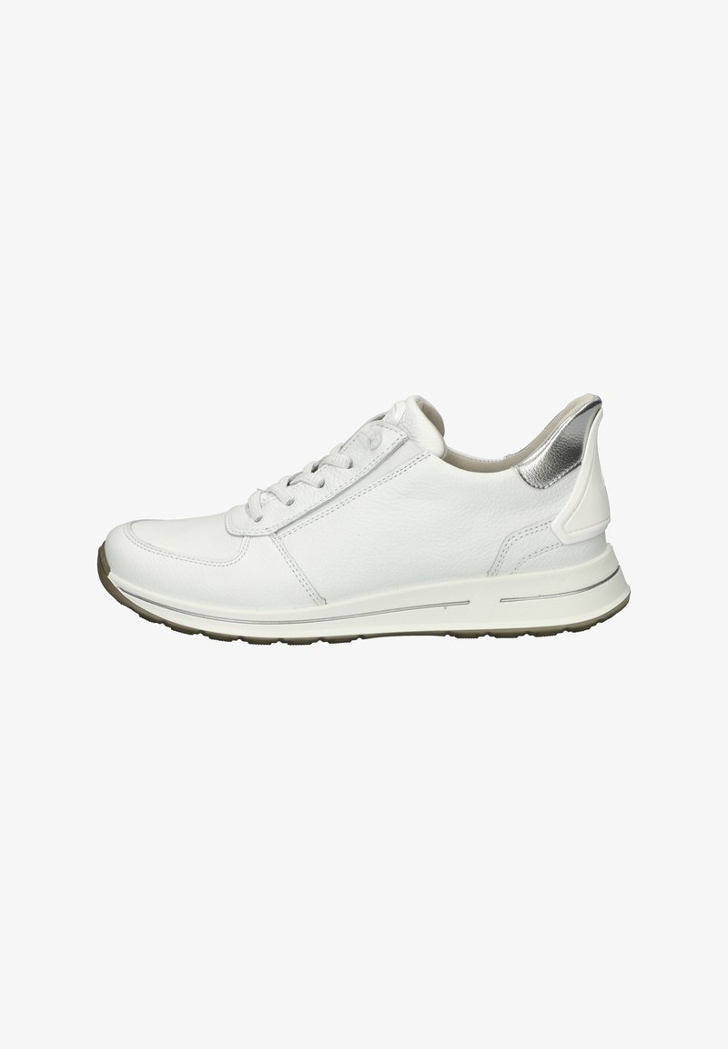 White leather sneakers feature a smooth texture, rounded toe, lace-up closure, and a metallic silver accent on the heel. Rubber outsole.
