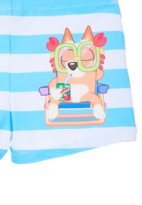 Pantaloni da bagno colorati con strisce azzurro chiaro e bianche. Presentano un cane dei cartoni animati con occhiali verdi, che sorseggia una bevanda mentre si rilassa.