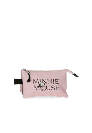 Bolsa rosa con cremallera y lazo lateral negro, con el texto "Minnie Mouse" y un pequeño gráfico de la cara de Minnie Mouse con un lazo.