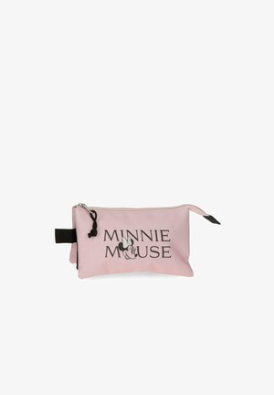 Bolsa rosa con cremallera y lazo lateral negro, con el texto "Minnie Mouse" y un pequeño gráfico de la cara de Minnie Mouse con un lazo.