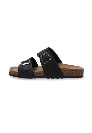 Black sandals with two adjustable straps, made of smooth material. Cork footbed with textured black rubber outsole. Metal buckle accents.