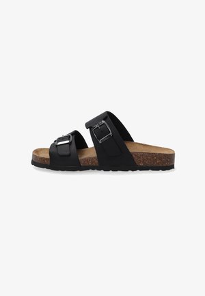 Zwarte sandalen met twee verstelbare banden, gemaakt van glad materiaal. Kurken voetbed met een gestructureerde zwarte rubberen loopzool. Metalen gespscharnier.