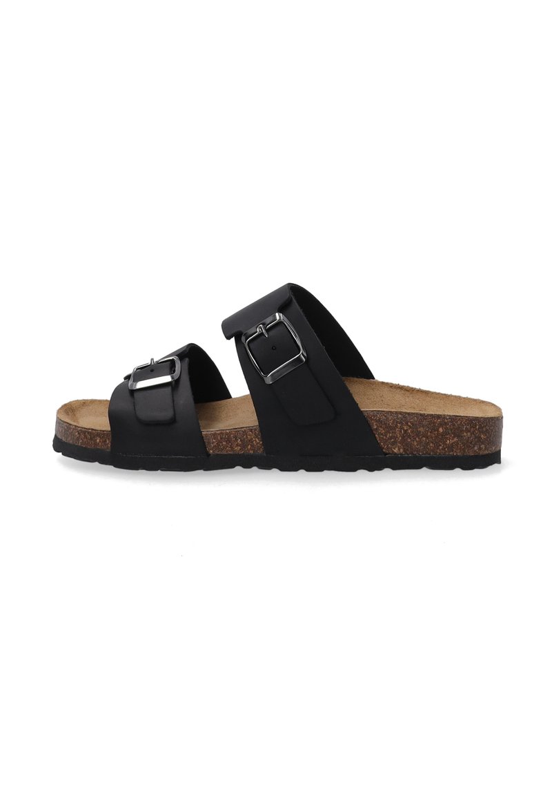Sorte sandaler med to justerbare stropper, lavet af glat materiale. Kork sål med tekstureret sort gummiyderside. Metal spænde detaljer.