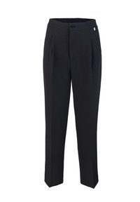 Pantaloni neri con pieghe, realizzati in tessuto liscio. Presentano una vita elastica con chiusura a bottone e un piccolo logo decorativo.