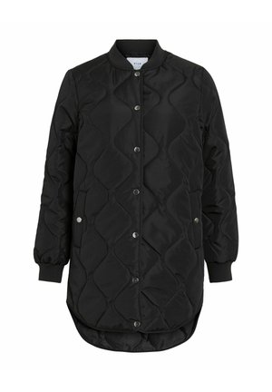 Black quilted long jacket with snap buttons, ribbed cuffs, two side pockets, and a rounded hem extending longer in the back.
