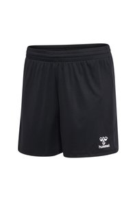 Czarne sportowe szorty z elastycznym pasem i białym logo hummel na dolnej lewej nodze.