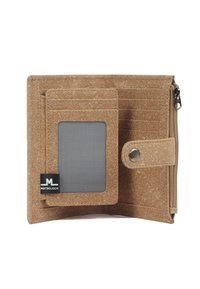 Brown cork wallet with multiple card slots, a transparent ID window, and a zipper closure. Features a snap button and minimalist logo detail.