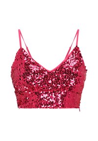 Rózsaszín, flitterekkel díszített bralette vékony pántokkal. V-nyakú kialakítás, fényes piros és rózsaszín flitterekkel borítva az egész anyagot.