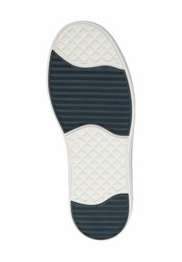 Shoe sole, mille valge kummist äär, tume sinine tekstuuriga haardetehnoloogia, millel on teemantmuster ja horisontaalsed sooned libisemise vältimiseks.