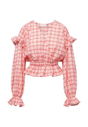 Punainen ja valkoinen ruudullinen lyhyt toppi, jossa on röyhelöhihet, joustava vyötärö ja V-pääntie. Valmistettu kevyestä, teksturoitu kankaasta.