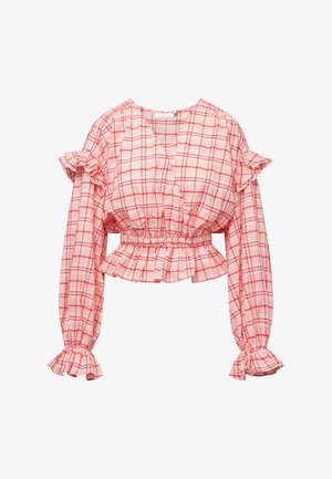 Punainen ja valkoinen ruudullinen lyhyt toppi, jossa on röyhelöhihet, joustava vyötärö ja V-pääntie. Valmistettu kevyestä, teksturoitu kankaasta.