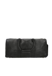 Schwarze rechteckige Ledertasche mit Griffen und einem Reißverschluss oben, vor weißem Hintergrund gezeigt.