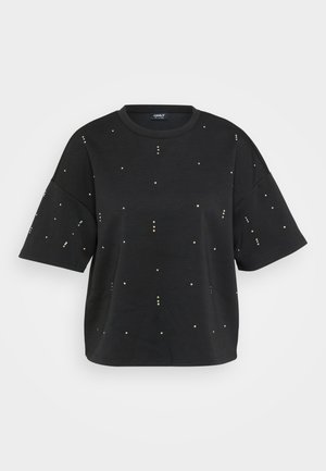 Black short-sleeve t-shirt with a relaxed fit, featuring scattered metallic studs in varying colors and a round neckline. Soft fabric texture.