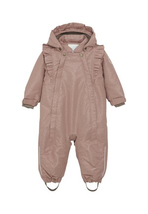 Combinaison de neige pour tout-petit rose déperlant avec des accents en volants, des poignets ajustés, des boutons-pression et des bandes réfléchissantes sur les côtés. Tissu lisse et texturé.