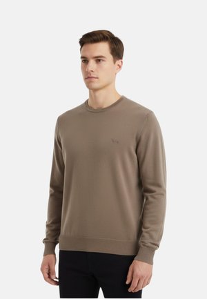 Giovane uomo che indossa un maglione taupe a maniche lunghe con scollo rotondo e pantaloni neri, in piedi con espressione neutra su uno sfondo semplice.