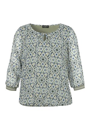 Locker sitzende Bluse mit dreiviertellangen Ärmeln, blau-grünem geometrischem Muster, rundem Ausschnitt mit kleinem vorderem Schlitz und Bindeband.