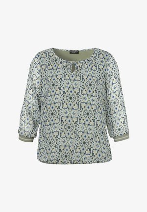 Loose-fitting blouse with three-quarter sleeves, blue and green geometric pattern, round neckline with a small front keyhole and tie.