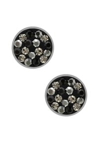 Perni circolari neri con decorazioni in cristallo misto in argento, grigio e nero, caratterizzati da diverse sfaccettature e una finitura lucida.