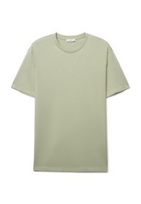 Maglietta a maniche corte in tessuto verde chiaro, con scollo tondo e vestibilità rilassata. Il materiale è liscio con una texture sottile.