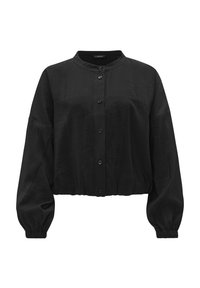 Zwarte cropped blouse met een ronde kraag, lange ballonmouwen, knoopsluiting aan de voorkant en een gestructureerd materiaal.