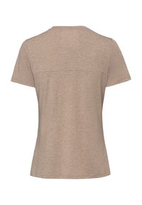 Beige dames T-shirt met korte mouwen, een naad over de bovenrug, een ronde hals en een subtiel logo op de linkermouw.