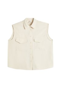 Blusa senza maniche di un beige chiaro con colletto, chiusura frontale con bottoni e due tasche sul petto. Tessuto liscio e vestibilità comoda.