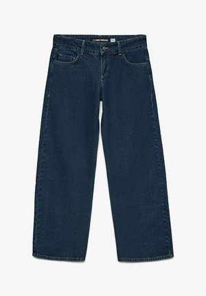 Wide-leg blue jeans made from denim, featuring a mid-rise waist, five-pocket design, and contrasting stitching details along the seams.