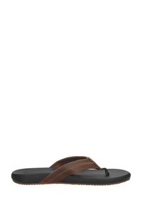 Tongs en cuir marron avec une semelle intérieure noire texturée, présentant deux lanières croisées et une semelle flexible avec une semelle en caoutchouc.