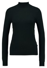 Czarny sweter z golfem i długimi rękawami. Wykonany z gładkiej dzianiny, cechującej się dopasowanym krojem oraz ribbowymi akcentami przy szyi i zakończeniach rękawów.