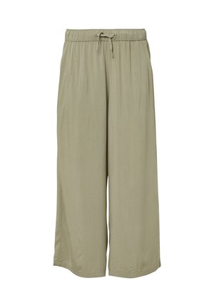 Licht olijfgroene wijde broek met elastische tailleband en trekkoord. Soepele textuur, geen zichtbare patronen of hardware-details.