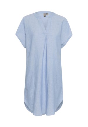 Svjetloplava lanena tunika s V-izrezom, kratkim rukavima, bočnim džepovima i ležernim krojem. Rub je malo duži na leđima.