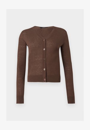 Cardigan marron à manches longues avec col en V, cinq boutons sur le devant et poignets et ourlet côtelés.