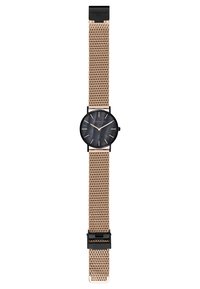 Ronde analoge klok met een zwarte wijzerplaat, gouden uurmarkeringen en een roségouden mesh band. Beschikt over een zwarte sluiting en een minimalistisch ontwerp.