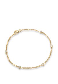 Goldene Kettenarmband mit Karabinerverschluss, das fünf kleine runde Strasssteine hat, die gleichmäßig entlang der Kette verteilt sind. Sanfte Textur, zartes Design.