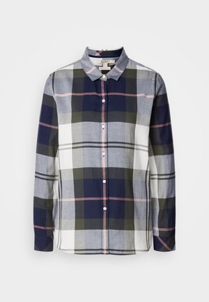 Button-up shirt in cotton blend. Multi-colored plaid pattern with navy, gray, green, and pink. Features a classic collar and long sleeves.