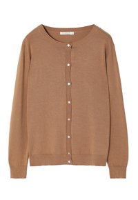 Lichtbruine cardigan trui, gemaakt van zachte stof, met een ronde halslijn, zeven knopen aan de voorkant en geribbelde mouwen en zoom.