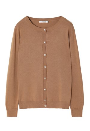 Light brown cardigan sweater, made of soft fabric, with a round neckline, seven buttons down the front, and ribbed cuffs and hem.