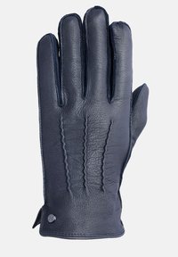 Naučno plavi kožni rukavica s glatkom teksturom, dizajnom s pet prstiju, dekorativnim šavovima duž stražnje strane i kopčanjem na zapešću.