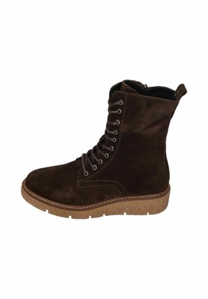 Brown suede ankle boot with a round toe, lace-up front, and textured rubber sole. Features a stitching detail and a pull tab at the back.