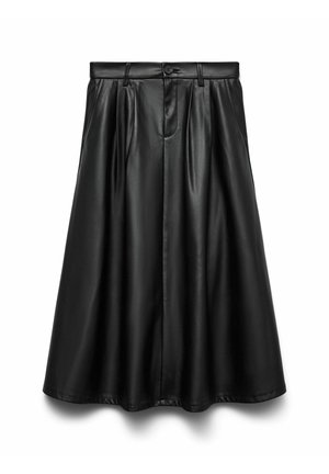 Black pleated skirt made of smooth leather, featuring a fitted waistband with a button closure and flowing, A-line shape.