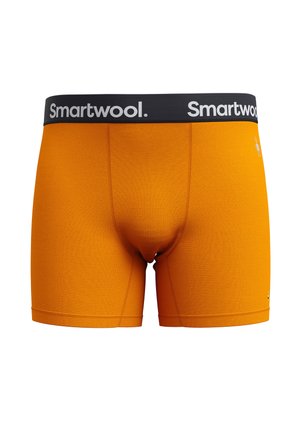 Boxer shorts Smartwool en color naranja con una cinturilla negra con logo, fabricados en material suave, con un diseño ceñido y detalles de costura.