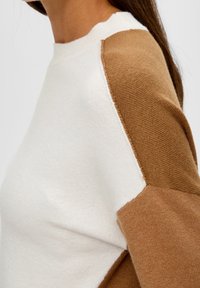 Gros plan sur une personne portant un pull en tricot coloré en blocs blanc et marron, avec un col montant et des manches longues.