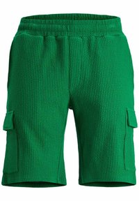 Grønne strukturerede cargo shorts med en elastisk talje, sidelommer og design der går til knæene. Stoffet har et ribbet mønster.
