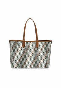 Sac fourre-tout avec des poignées en cuir marron. Présente une toile à motifs en vert, orange et gris avec des maillons entrelacés sur un fond blanc.
