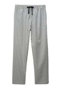 Pantalons de pyjama rayés en gris et blanc, fabriqués en tissu léger. Comprend une taille élastique avec un cordon de serrage.
