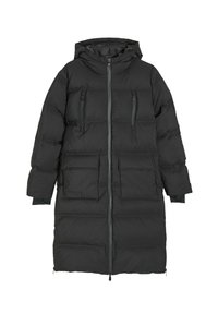 Czarna puchowa kurtka z kapturem, z zamkiem błyskawicznym, dwiema zamykanymi na zamek kieszeniami na piersi oraz dwiema dużymi kieszeniami z przodu; pikowana tekstura.