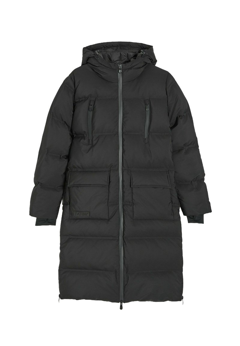 Czarna puchowa kurtka z kapturem, z zamkiem błyskawicznym, dwiema zamykanymi na zamek kieszeniami na piersi oraz dwiema dużymi kieszeniami z przodu; pikowana tekstura.