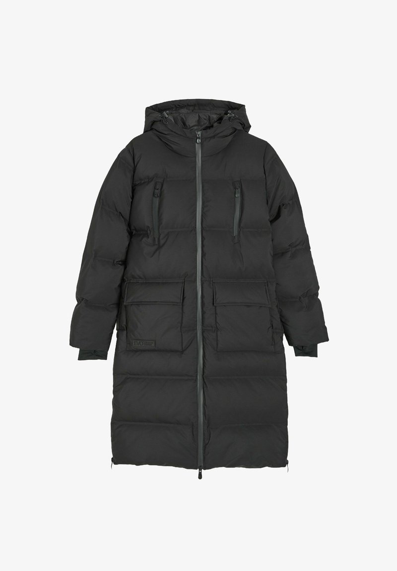 Czarna puchowa kurtka z kapturem, z zamkiem błyskawicznym, dwiema zamykanymi na zamek kieszeniami na piersi oraz dwiema dużymi kieszeniami z przodu; pikowana tekstura.