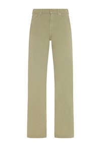 Lichtgroene wijde broek van zacht materiaal, met een hoge taille, voorzakken en metalen knoopaccenten.