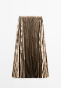 Jupe plissée dans une teinte olive métallique, fabriquée en tissu texturé avec un éclat lisse, dotée d'une taille élastique pour plus de confort.
